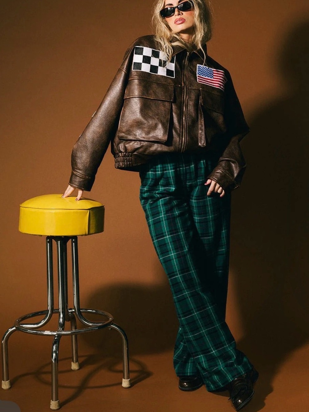 Dressed in LALA Rebel Road Plaid Wide Leg Trousers in Teal Green